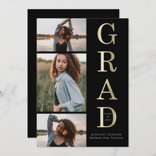 黒モダンエレガント金ゴールド3写真卒業 招待状 (正面/裏面)