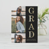 黒モダンエレガント金ゴールド3 Photo Graduation 案内状 (スタンド正面)