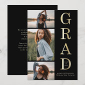 黒モダンエレガント金ゴールド3 Photo Graduation 案内状 (正面/裏面)