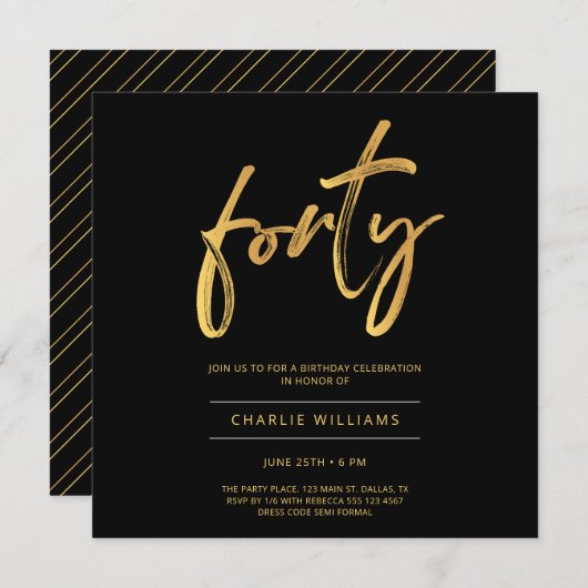 黒モダンエレガント金ゴールド40歳の誕生日招待状 招待状 (正面/裏面)