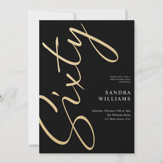 黒モダンエレガント金ゴールド60誕生日 招待状 (正面)