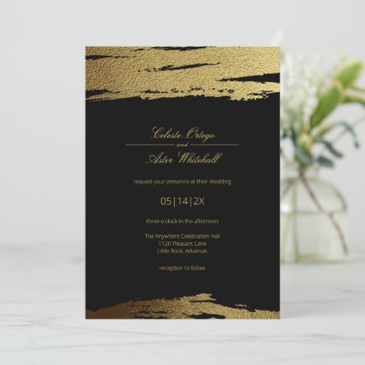 黒モダンエレガント金フェイク箔ストロ絵を描ック 招待状 (スタンド正面)