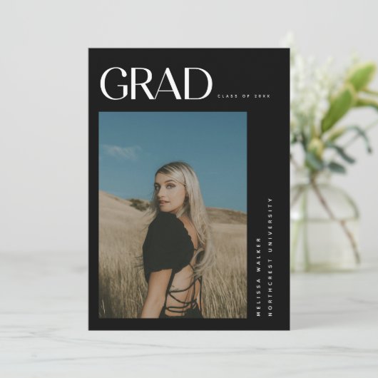 黒モダンエレガント2写真卒業パーティー 招待状 (スタンド正面)