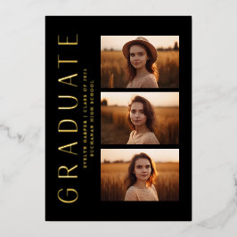 黒モダンエレガント4写真卒業パーティー 箔招待状