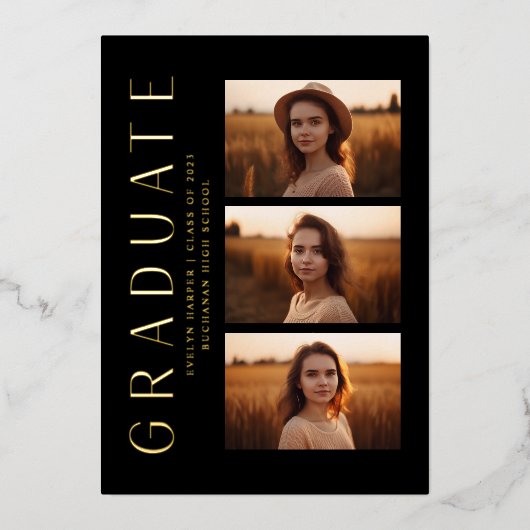 黒モダンエレガント4写真卒業パーティー 箔招待状 (正面)