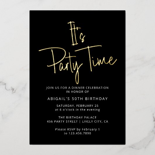 黒モダンエレガント&金ゴールド誕生日パーティータイム 箔招待状 (正面)