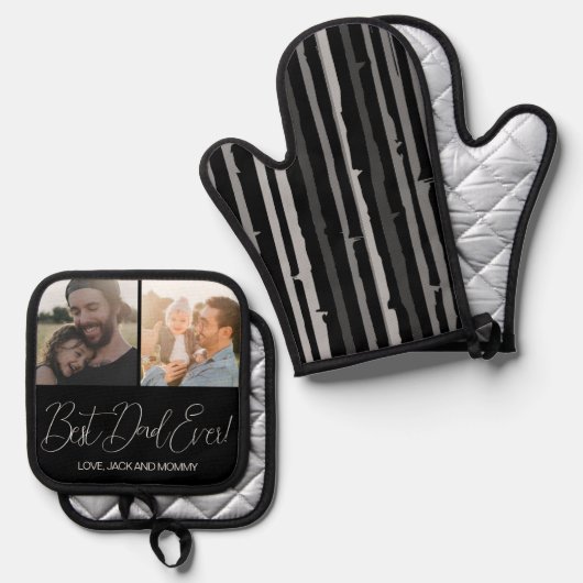 黒モダンカスタムパパ写真最高の 鍋つかみ&鍋敷きセット (正面/裏面)