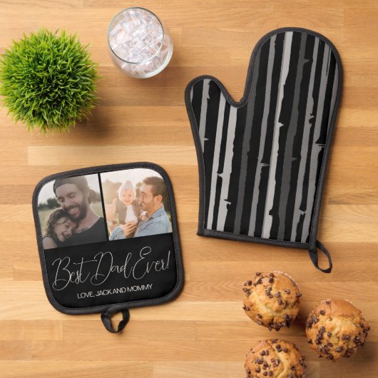 黒モダンカスタムパパ写真最高の 鍋つかみ&鍋敷きセット (トップダウン)