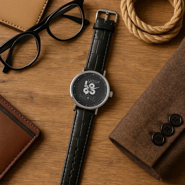 黒モダンカスタムミニマルのビジネスのホワイトロゴ 腕時計 (クリエイターアップロード済み)