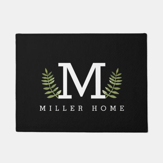 黒モダンカスタム名緑シダ葉 ドアマット (正面)