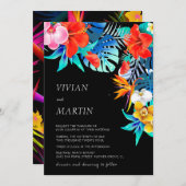 黒モダンカラフル熱帯フローラ結婚ズ 招待状 (正面/裏面)