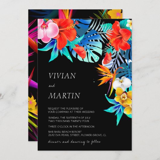 黒モダンカラフル熱帯フローラ結婚ズ 招待状 (正面/裏面)