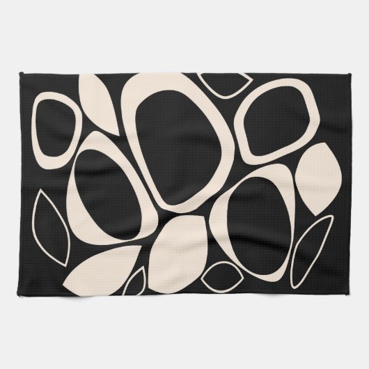 黒モダンクスタイリッシュクリーム抽象芸術パターン キッチンタオル (横)