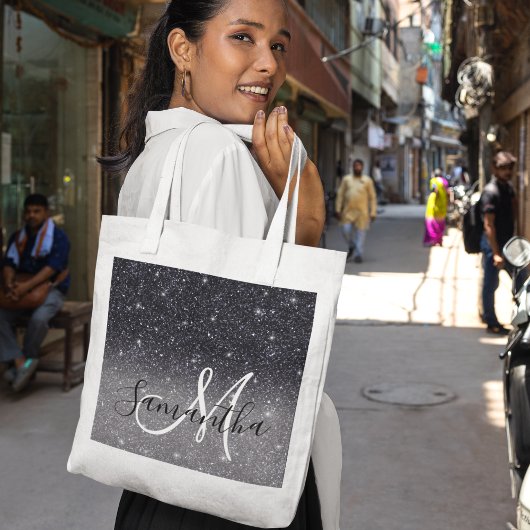 黒モダングリッターの輝きパーソナライズされた名 トートバッグ