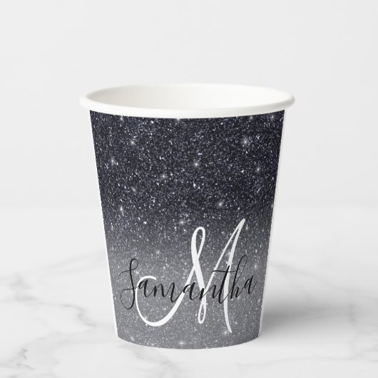 黒モダングリッターの輝きパーソナライズされた名 紙コップ (正面)