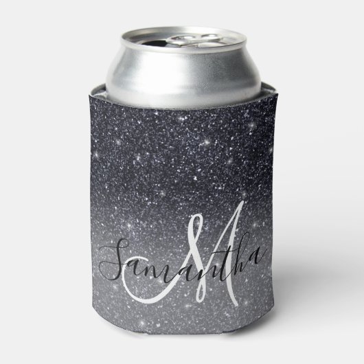 黒モダングリッターの輝きパーソナライズされた名 缶クーラー (缶正面)