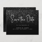 黒モダングリッターシックな結婚式の日付を保存 案内ポストカード (正面/裏面)