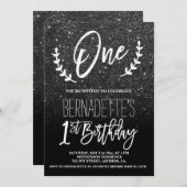 黒モダングリッタータイポグラフィ第1誕生日 招待状 (正面/裏面)