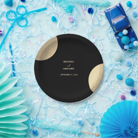 黒モダンコンテンポラリーと金ゴールドの抽象芸術結婚 ペーパープレート (パーティー)