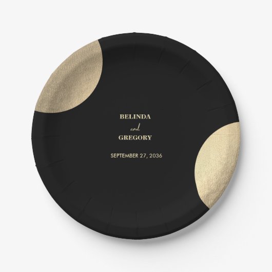 黒モダンコンテンポラリーと金ゴールドの抽象芸術結婚 ペーパープレート (正面)