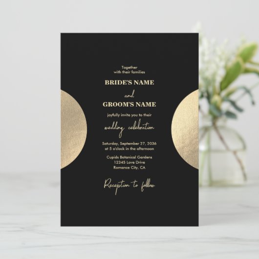 黒モダンコンテンポラリーと金ゴールドの抽象芸術結婚 招待状 (スタンド正面)
