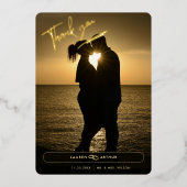 黒モダンシックミニマル写真結婚の感謝 箔招待状 (正面)