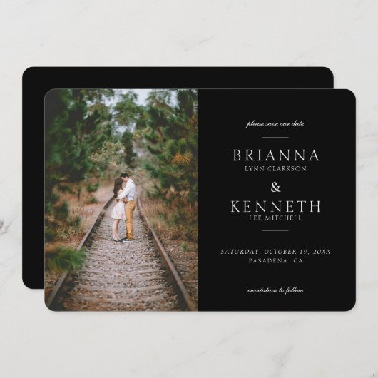 黒モダンシンプルエレガント写真結婚の セーブザデート (正面/裏面)