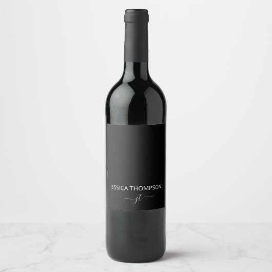 黒モダンシンプル文字ガーリーモノグラム名 ワインラベル (正面)
