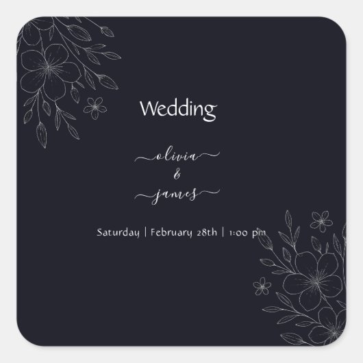 黒モダンシンプル白ミニマルフローラつる植物 スクエアシール (正面)