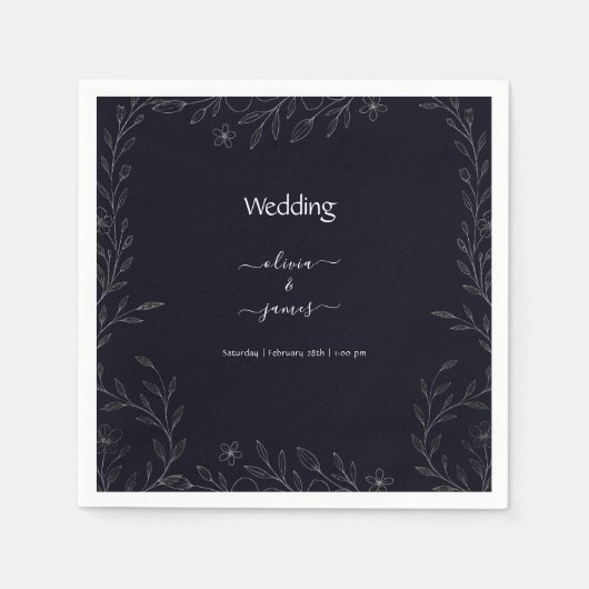 黒モダンシンプル白ミニマルフローラつる植物 スタンダードカクテルナプキン (正面)