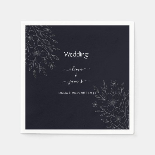 黒モダンシンプル白ミニマルフローラつる植物 スタンダードカクテルナプキン (正面)