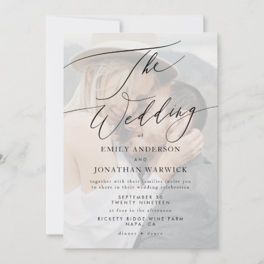 黒モダンシンプル色QRコードバック結婚写真 招待状 (正面)