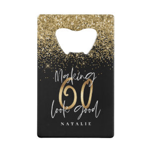 黒モダンスタイリッシュと金ゴールドのグリッター60誕生日 クレジットカード栓抜き