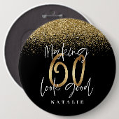 黒モダンスタイリッシュと金ゴールドのグリッター60誕生日 缶バッジ (正面&裏面)