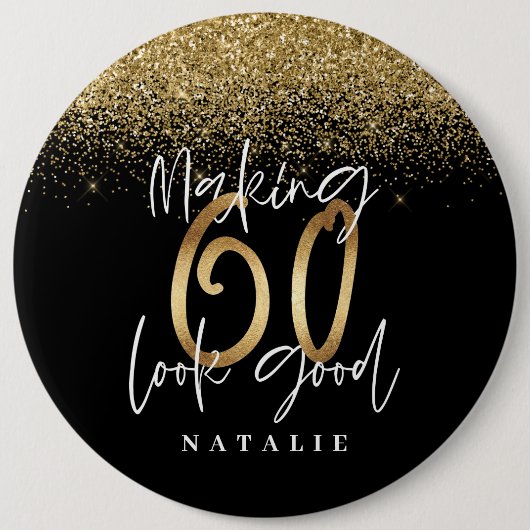 黒モダンスタイリッシュと金ゴールドのグリッター60誕生日 缶バッジ (正面)