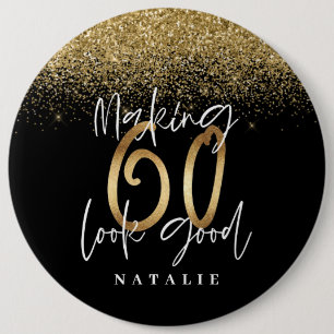 黒モダンスタイリッシュと金ゴールドのグリッター60誕生日 缶バッジ