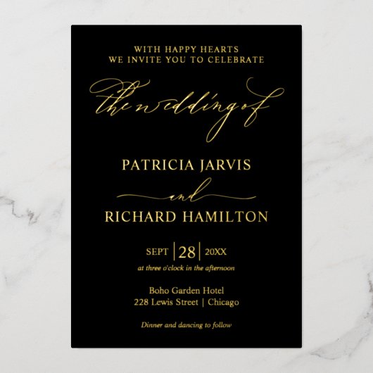 黒モダンスタイリッシュと金ゴールド結婚の 箔招待状 (正面)