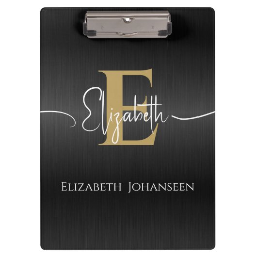 黒モダンスタイリッシュの金ゴールドモノグラムのスクリプト名 クリップボード (正面)
