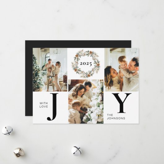 黒モダンスタイリッシュ写真コラージュJoy Christmas シーズンカード (正面/裏面インサイチュ)