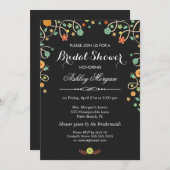 黒モダンスタイリッシュ旋回フローラブライダルシャワー 招待状 (正面/裏面)