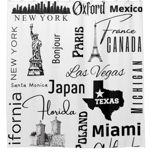 黒モダンスタイリッシュ白パリステキサス州フランス シャワーカーテン (正面)