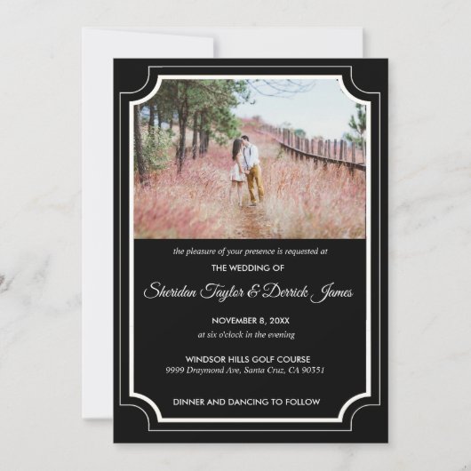 黒モダンスタイリッシュ白結婚式招待状 招待状 (正面)