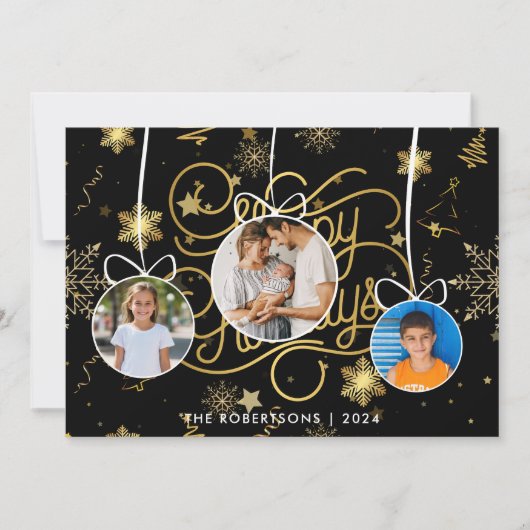 黒モダンスタイリッシュ金ゴールドクリスマス家族の写真 シーズンカード (正面)