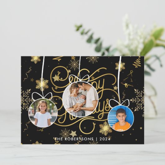 黒モダンスタイリッシュ金ゴールドクリスマス家族の写真 シーズンカード (スタンド正面)