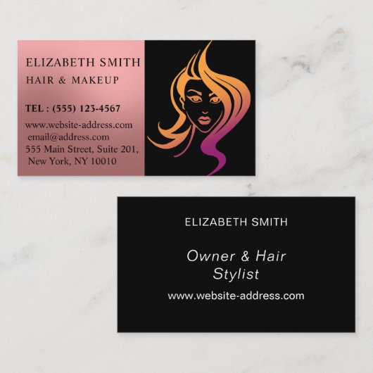 黒モダンスタイリッシュ&ピンクビューティシアンメイクアップ 名刺 (正面/裏面)