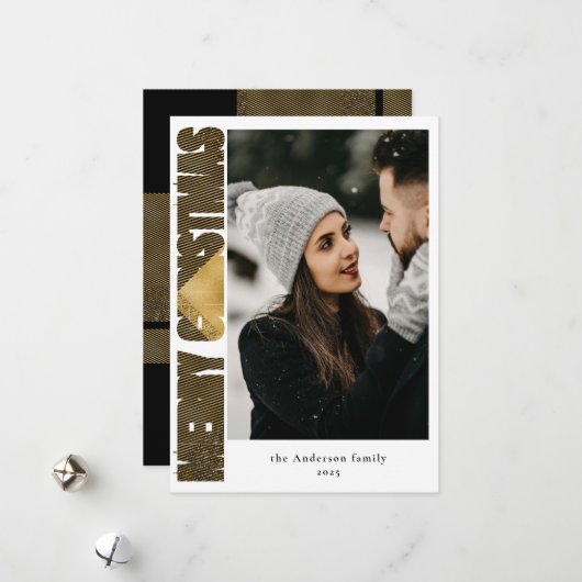 黒モダンスタイリッシュ&金ゴールド格子写真クリスマス シーズンカード (正面/裏面インサイチュ)