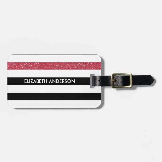 黒モダンストライプフェイクレッド・グリッツと名前 ラゲッジタグ (正面横)