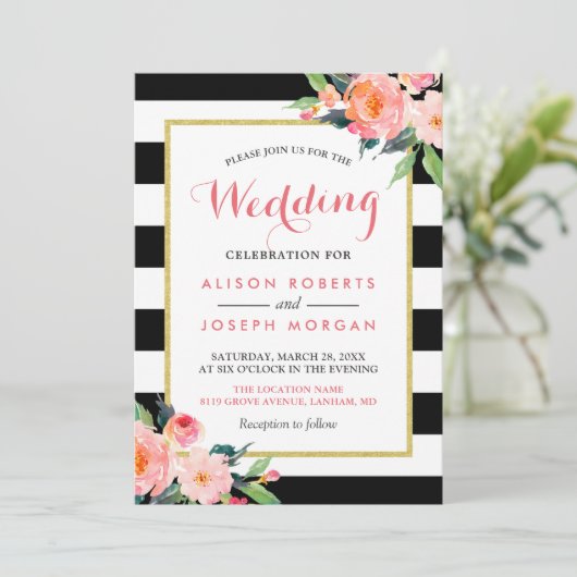 黒モダンストライプフローラ結婚お祝い 招待状 (スタンド正面)