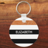 黒モダンストライプ色フェイクのOrange Glitzと名前 キーホルダー (正面)