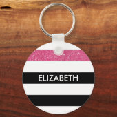 黒モダンストライプ色フェイクピンクグリッツと名前 キーホルダー (正面)